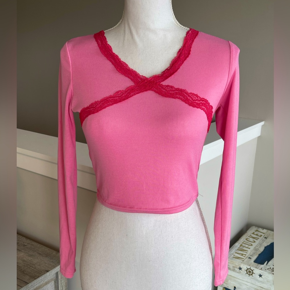 Pink Long Sleeve Top with Red Lace Detail